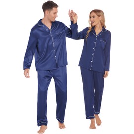 Ekouaer Pajamas Men's Premium Satin Sleepwear Winter Long Sleeve Pjs Two Piece Loungewear Set (Navy,L)