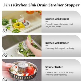Kitchen Sink Drain Strainer – 304 Stainless Steel 3-in-1 Pop Up Design, Anti-Clogging Sink Strainer Basket for US Standard 3.5" Kitchen Drain, Water Storage & Debris Filter