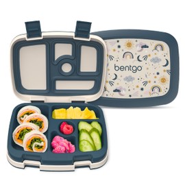 Bentgo® Kids Prints - Lonchera bento a prueba de fugas, de 5 compartimentos, porciones de tamaño ideal para niños de 3 a 7 años, sin BPA, apta para lavavajillas, materiales aptos para alimentos. Colección 2023 (cielo amigable)