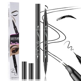 Curved 2 Tip Eyebrow Pen-Black Eyebrow Pencil With Black Eyeliner 2-in-1 Dual-Ended Create Natural Hair-Like Brows,Waterproof,Smudge Proof,Long Lasting All-Day