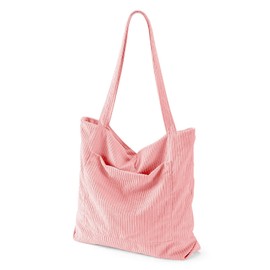 RZMAYIS Corduroy Women's Tote Bag, Large Capacity, Zipper, Pockets, for College, Work, Travel, Shopping, Daily Use (Pink)