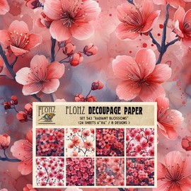 Decoupage Paper Pack (24 Sheets 6"x6") Radiant Blossoms: Vibrant Sakura Cherry Blossom Patterns in Shades of Pink and Red # Vintage Styled Paper for Craft and Scrapbooking