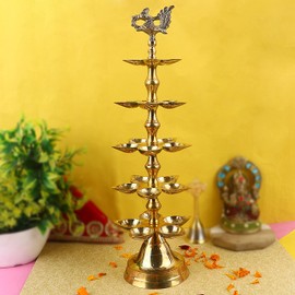 SATVIK 2 Pc Brass Panchmukhi Peacock Kerala Samai Puja Diya Kutthu Vilakku Oil Lamp Pooja 5 Step Diya Engraved Design Deepak Indian Diwali Pooja Home Mandir Office Decor Housewarming Return Gift Items