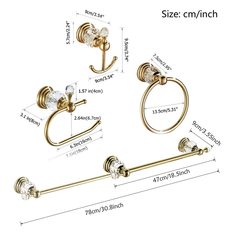 WOLIBEER Gold Bathroom Accessories, Brass Crystal Towel Bar Set Toilet