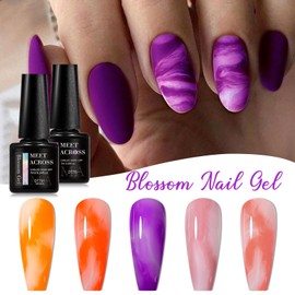 MEET ACROSS Gel Nail Polish Set 8 Pcs, 5 Colors Red Purple Orange Gel Polish with Blooming Gel and Base Top Gel Nail Designs for DIY Color Flower Watercolor Magic Beauty Gift