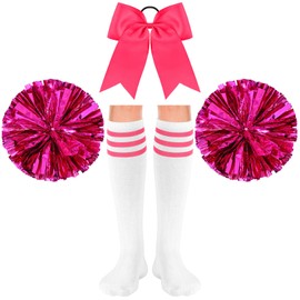 Sinmoe Sinmoe 4er Set Karneval Cheerleader Kostüm Zubehör 2 Cheerleading Pompons aus Metallfolie 1 Groß Haarschleife Cheerleader Haar Bögen 1 Paar Sport Therme Kniestrümpfe für Tanz Wettbewerb (Rosenrot)