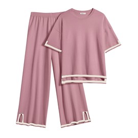 Ekouaer Lounge Set for Women Travel Outfits 2 Piece Sets Short Sleeve Sweater Top Wide Leg Long Pants Loungewear Dark Pink M