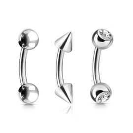 Forbidden Body Jewelry Value Pack 3pc Surgical Steel Ball/Spike/Crystal Curved Barbells (Pick Gauge/Length), Stainless Steel, cubic-zirconia