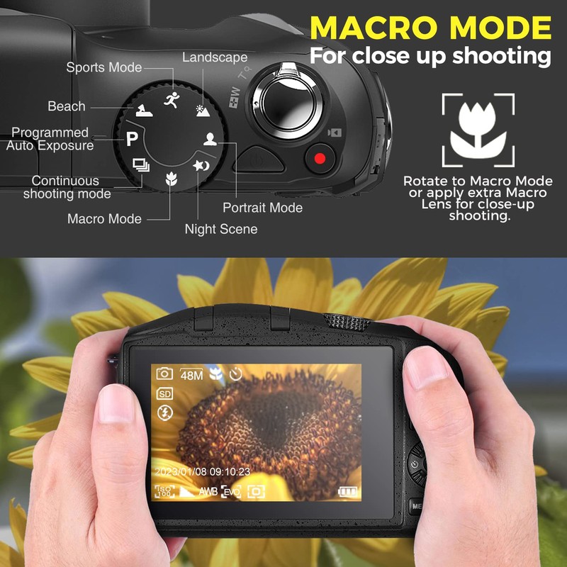 Digital Camera with Macro & Wide Angle Lens 48MP 4K