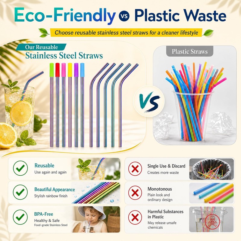 Wosyoodo 12 Pcs Metal Straws, Reusable Stainless Steel Straw Set