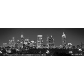 PHOTOSBYJON Canvas Atlanta Skyline Night 16 inches x 46 inches B&W Black and White City Downtown Photographic Panorama Print Photo Picture
