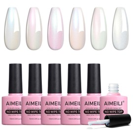AIMEILI Glitter Top Coat Mother of Pearl Set No Wipe Top Coat Pearl Effect Nail Gel UV Pearl Top Coat Pearl Shimmer Nail Design Set 6-75