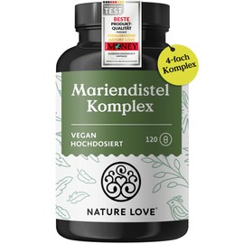 Nature Love NATURE LOVE® Mariendistel, Artischockenextrakt, Löwenzahn & Desmodium 4-fach Komplex - 120 vegane Kapseln - Hochdosiert mit 80% Silymarin - Laborgerprüft, hochdosiert, in Deutschland produziert
