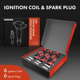 A-Premium Set of 6 (Red) Ignition Coil Pack and Iridium Spark Plugs Compatible with Hyundai Sonata 2006-2010, Santa Fe 2007-2009 & Kia Optima 2006-2008