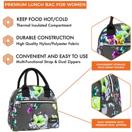 OPUX Insulated Lunch Box for Women | Lunch Bags for Women, Girls, Teens | Cute Floral Reusable Thermal Lunch Tote Purse Cooler for School, Work, Office, Adult | Fits 12 Cans (Floral Gray)