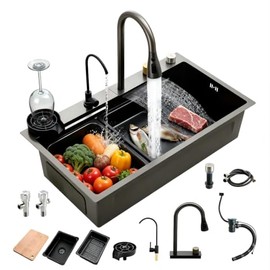 Fregadero de Cocina Multifuncional, 80 * 45 cm Tarjas para Cocina Acero Inoxidable con Arandela de Copa, Grifo Extraíble en Cascada y Tabla de Cortar,