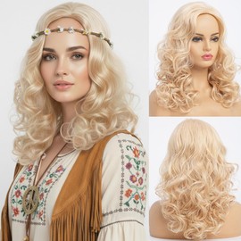 simkaylee Middle Length Blonde Wigs for Women Long Wavy Wig Synthetic Natural Shoulder Length Wig for 70s 80s Cosplay Halloween Daily Use (16 Inches)
