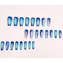 Feather 24pc Ballerina Ballet Style Turquoise Pink Long Press On nails Teal Feather Teal