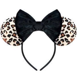 Bmobuo Leopard Print Mouse Ears Headband for Women, Black Fuzzy Bows Park Ears, Cute Hair Band