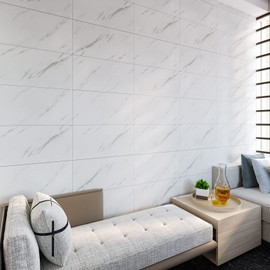 CHICHOME 12"x24" Backsplash Tiles for Kitchen Peel and Stick Carrara Wall Tiles Self Adhesive Waterproof Removable Vinyl Ceramic Marble Stick on Tiles for Bathroom Walls Bedroom Floor 16 Tiles, White