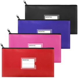 Pack of 4 Faux Leather Wallet, Bank Bag, Bank Folder, Money Folder with Zip and Window, 27 x 15 cm, for School, Household, Business (4 Colours)