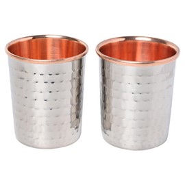 Set of 2 Outer Stainless Steel and Inner Pure Copper Tumbler For Ayurveda Health Benefits - 250 Ml (8.45 US Fluid Ounce) Capacity (Hammered Pattern)
