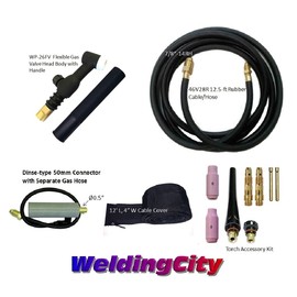 WeldingCity 200-amp WP-26FV (Flexible Head w/Gas Valve) Air-cooled TIG Welding Torch Complete Package with 12.5-ft Power Cable Hose and Dinse 35-50 (Solid 1/2"-pin) Cable Adapter (with Separate Gas)