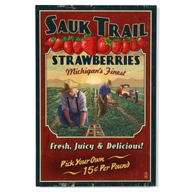 Lantern Press 12x18 Inch Premium Wood Sign, Ready to Hang Wall Decor, Sauk Trail, Michigan, Strawberry Farm, Vintage Sign