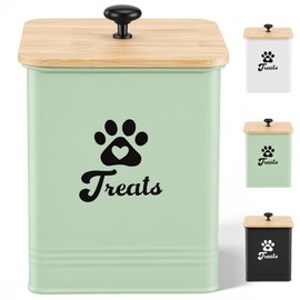 Dog Treat Container Airtight, 5.7"W x 6.7"H Iron Pet Treat Jar with Bamboo Lid, 12 Cup Food Storage Canister for Kitchen Counter, Decorative Pet Cookie Jar for Dog Snacks Kibble,Saga Green
