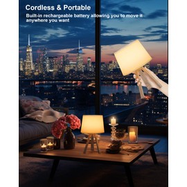 UMEXUS Cordless Table Lamp, Rechargeable Battery Powered, Timer & Dimmer & Remote Control & Color-Changing, Fabric White Shade, Small Tripod Lighting Patio Bedroom Living Room Home Office