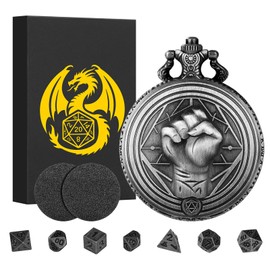 Mini DND Dice Set with Steampunk Monk (Fist) Pocket Watch Shell Case, 7pcs Polyhedral Metal DND Dice Set, D&D Gifts with Dragon Logo Gift Box, Role Playing Board Games Accessories, Silver