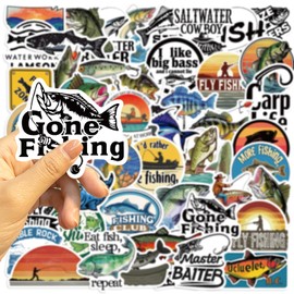 50 Pcs Fishing Stickers for Kids Teens, Kawaii Stickers for Girls Boys, Party Favors & Decorations, Waterproof Starry Sky Cats Sticker Pack for Water Bottle Laptop Scrapbook (Fishing)