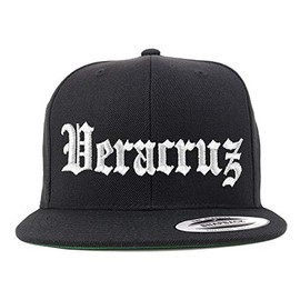 Trendy Apparel Shop Old English Veracruz White Embroidered Flatbill Snapback Baseball Cap- Black