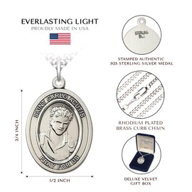 Mens .925 Sterling Silver Saint Carlo Acutis Medal Pendant on 24 Inch Rhodium Plated Heavy Curb Brass Chain with Lobster Claw Clasp, Catholic Religious Necklace -Made in USA-Velvet Gift Box