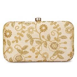 LONGING TO BUY Hand Crafted Designer Box Clutch For Women, Zari Embroidery Clutch For Women/Hand Clutch For Women, Golden-2, Wedding Clutch