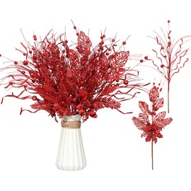 Yunlly 24 Pcs 17 Inch Glitter Tree Filler Christmas Tree Picks Decorations Glitter Berries Stems Artificial Christmas Valentine Picks Ornament Glittery Twigs for Wedding(Red)