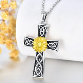 LEECCI Sunflower Cross Necklace 925 Sterling Silver Celtic Cross Pendant Anxiety Jewelry for Women Birthday Valentine's Day Mother's Day Gift
