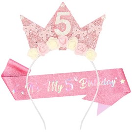SuPoo 5th Birthday Decorations for Girl 5th Birthday Sash and Headband Crown Flower Pink Bow Crown for Girls Princess Tiara Cute Glitter Hair Band 5 Year Old Party Decorations Outfit Gift