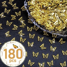 QiiPii Golden Butterfly Nail Charms - 180pcs 3D Butterflies for Acrylic Nails, Alloy Studs, Jewels Decoration Supplies, DIY Crafts
