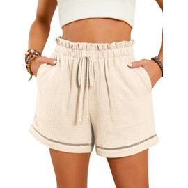 Dokotoo Linen Shorts for Women Cotton Lounge Beach 2024 Spring Fashion Casual Summer Flowy Shorts Trendy Resort Wear Beach Cruise Outfits High Waisted Shorts Beige X-Large