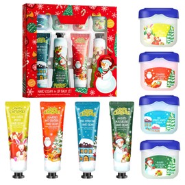 Christmas Hand Cream Lip Balm Gift Set,4 Pack Mini Hand Cream & 4 Pack Mini Lip Balm,Refreshing Nourishing Handcream for Women,Moisturising Lip Care for Dry Lips,Christmas Stocking Stuffers