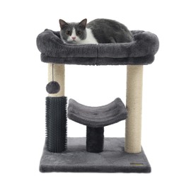 Hoopet 20-Inch Cat Tree Tower, Small Cat Scratching Post for Indoor Cats and Kittens, Sisal Cat Scratcher with Plush Bed Perch, Self Groomer and Hanging Toy Ball, Smoky Grey
