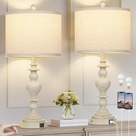 27" Farmhouse Lamps Set of 2 with USB C+A Ports & AC Outlets, Vintage Rustic Touch Control Table Lamp for Living Room, White Resin Washed 3-Way Dimmable Traditional Nightstand Bedside Lamp for Bedroom