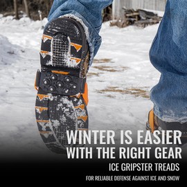 Ice Gripster Treads Nonslip Traction Cleats for Snow and Ice, Anti-Slip Overshoe Mid-Sole Crampons with Adjustable Straps, 7 Tungsten Studs for Secure Grip, Orange and Black