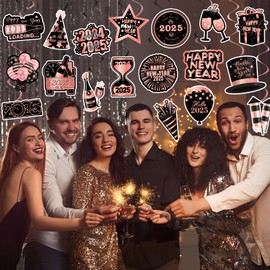 40Pcs Happy New Year Decorations Hanging Swirls, Black and Rose Happy New Year Hanging Swirls Ceiling Decor Happy New Year Hanging Decorations 2025 New Year's Eve Party Decorations Supplies