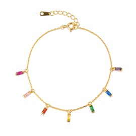 namana Colourful Gold Charm Bracelet for Women and Teenage Girls in 925 Sterling Silver, Dainty Gold Bracelet with Hanging Baguette Shaped Charms, Cute Gold Bracelets with Coloured Stones