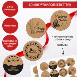 TOBJA® Christmas Stickers 96 Pieces - Christmas Stickers for Gifts in 4 Variations | Sticker Set "Merry Christmas" | Real Paper "Kraft Paper" 4 cm Labels Round (Kraft Paper EN)