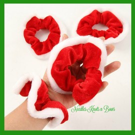 Needles Knots n Bows Plush Red Velvet with White Fur, Christmas Ponytail Holder, Hair Band, USA