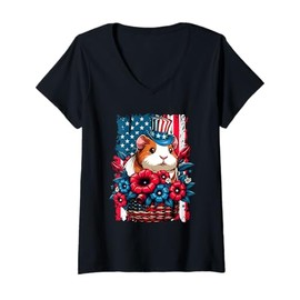 Womens Guinea Pig Inside Flowers Basket 4th July US Flag Patriotic V-Neck T-Shirt