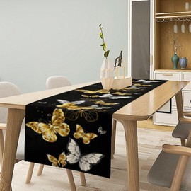 Houselerax Golden Butterfly Table Runner, Black Gold Butterflies Kitchen Dining Table Decoration for Home Party Decor 13x36 Inch
